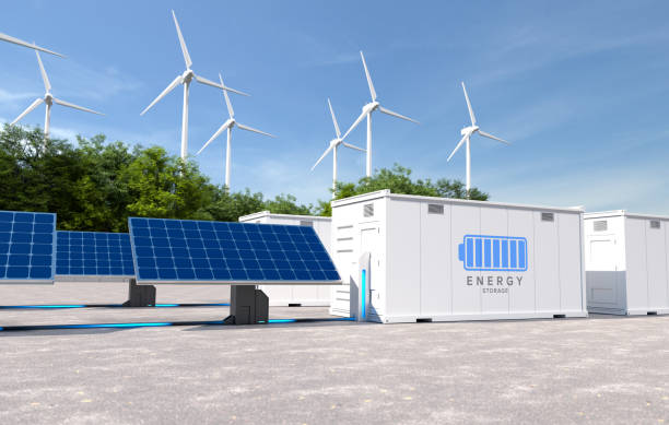 istock Energy storage systems with wind turbines and solar farms, Green alternative energy, Net zero emissions concept. 3D illustration 2172811796