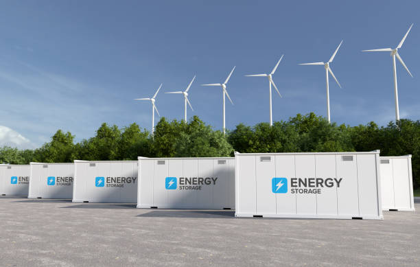 istock Energy storage systems with wind turbines, Green alternative energy concept. 3D illustration 2172811817