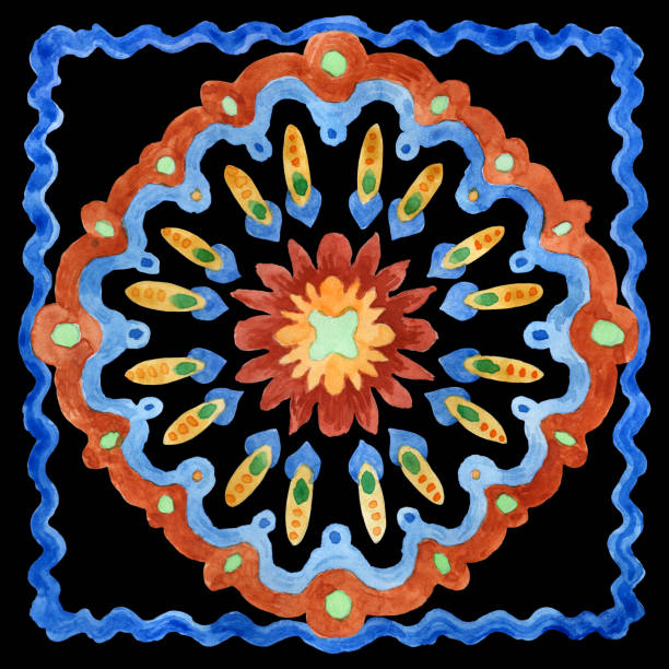 istock Watercolor painted tile with hand drawn ornaments in Mediterranean majolica ceramic painting style on a black background 2172812240