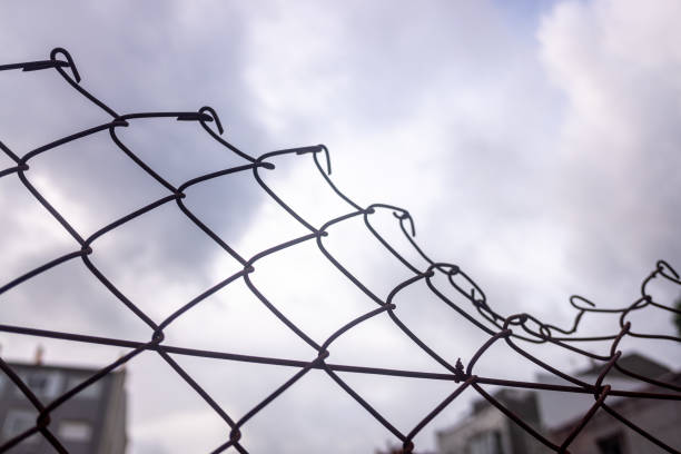 istock wired fence, chainlink wire mesh fence, cloudy sky background 2172814277