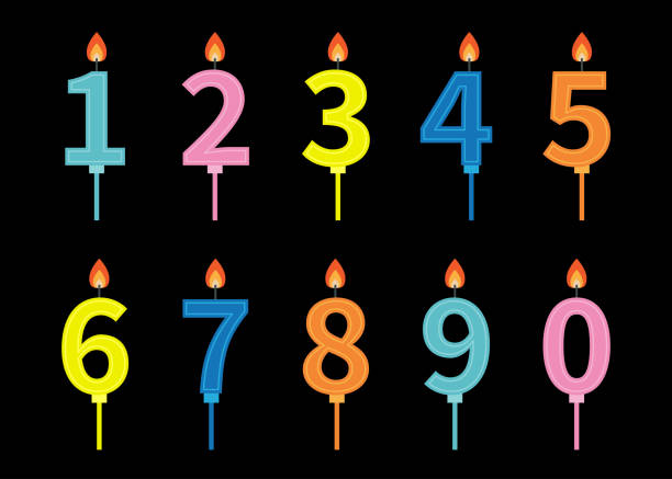 istock Happy Birthday candle number set. Numbers with fire flame. Different bright color. Flat design. Clip art elements template for invitation, birthday card. Black background. Isolated. 2172814720