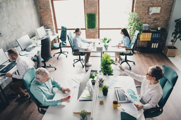 istock Full size high angle photo of coworking project teamwork people sit table process work together conference meeting successful light office 2172837143