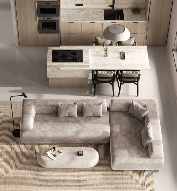 istock Modern minimalist living room features a kitchen view, blending style and comfort, 3d rendering 2172838467