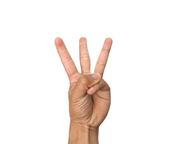istock A man's hand makes a three-finger gesture, symbolizing the number three.  Isolated on a white background. 2172844060