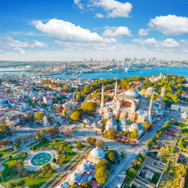 Aerial view of the Hagia Sophia and the Sultanahmet Square in Istanbul, Turkey