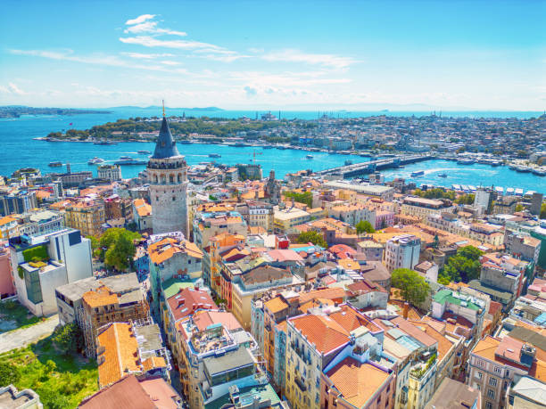 Galata Tower in Istanbul Aerial view of the Galata Tower and Galata Bridge in Istanbul, Turkey istanbul stock pictures, royalty-free photos & images