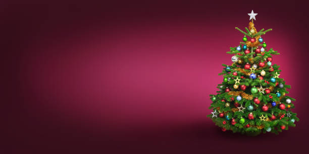 istock Decorated delightful Christmas tree on burgundy background 2172850587