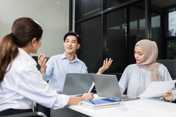 istock Business meeting account managers crew working search page on computer with new startup project. Idea presentation, analyze plans. 2172851947
