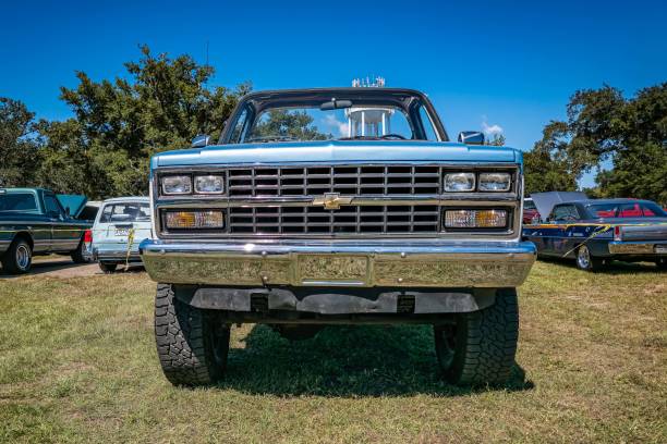 Gulfport, MS - October 02, 2023: High perspective front view of a Customized 1990 Chevrolet K5 Blazer Pickup Truck at a local car show.