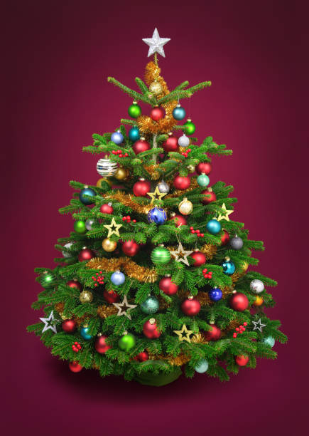 istock Decorated shiny Christmas tree on burgundy background 2172853604