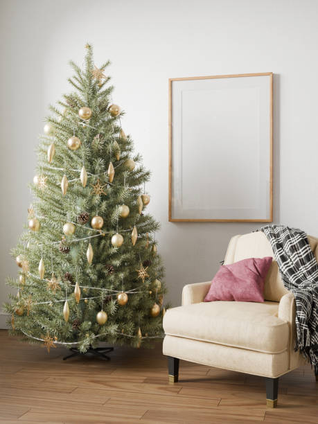 istock Christmas interior frame, poster empty in home design new year, element mockup annual holidays, 3d render 2172854444