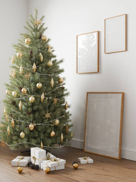 istock Christmas interior frame, poster empty in home design new year, element mockup annual holidays, 3d render 2172854919