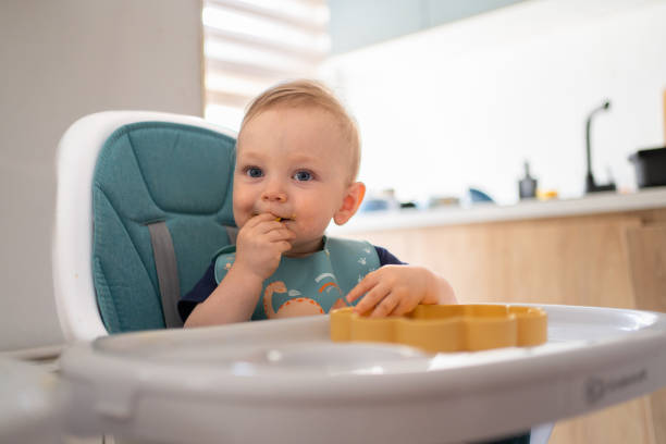 istock Baby eating while sitting in high chair in dinning room 2172874342