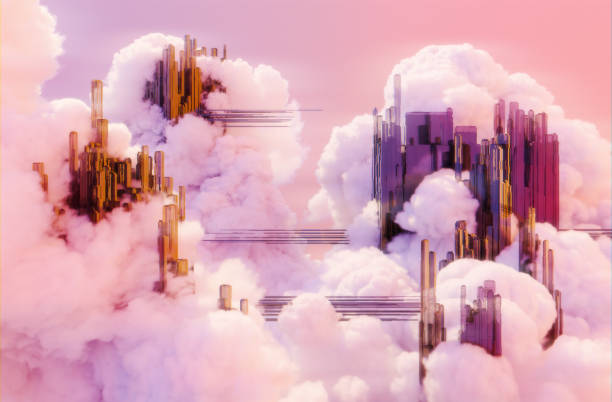 Futuristic conceptual cityscapes rising from clouds, blending nature and architecture