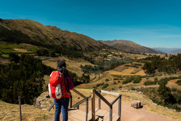 Young traveler woman looking at view on Cusco, Peru