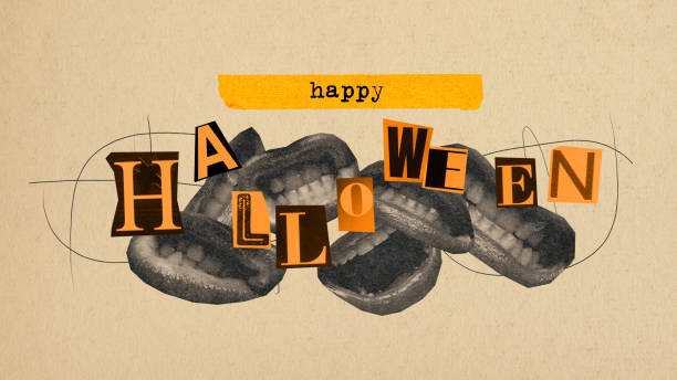 Grinning teeth, overlaid with phrase Happy Halloween, creating creepy yet playful visual. Contemporary art collage. Banner