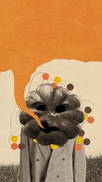 istock Figure with pumpkin head standing in field, surrounded by abstract speech bubble. Contemporary art collage. 2172887051