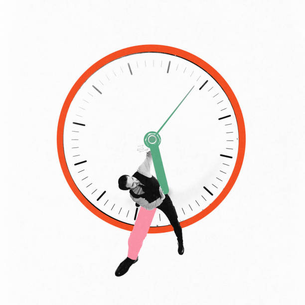 istock Businessman trying to pull back clocks green hand, symbolizing struggle to manage time effectively. Contemporary art collage. 2172888783