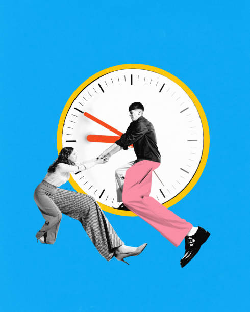 istock Two people clinging to clocks hands, symbolizing tension between collaboration and ticking of time. Contemporary art collage. 2172888784