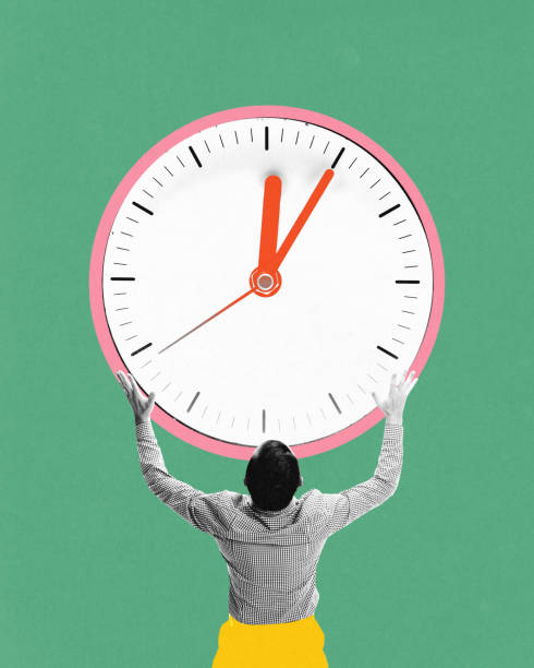 istock Man holding large clock up high, emphasizing weight of time in work setting. Pressure of deadlines. Contemporary art collage. 2172888799