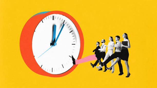istock Group of businesspeople walking toward clock, symbolizing teamwork in managing time. Contemporary art collage. 2172888830
