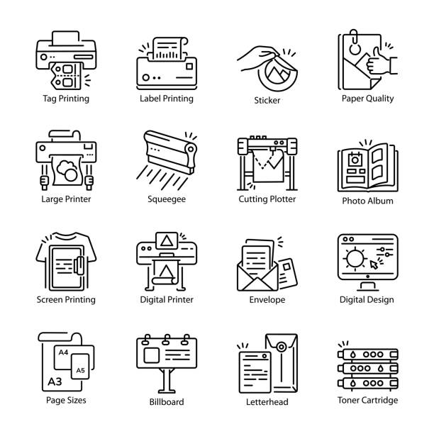 Bundle of Printing Press Outline Style Icons Elevate your professional materials with our printing icons From large format and offset printing to binding and material finishings, this pack includes every detail you need to showcase your press-work expertise. silk screen stock illustrations