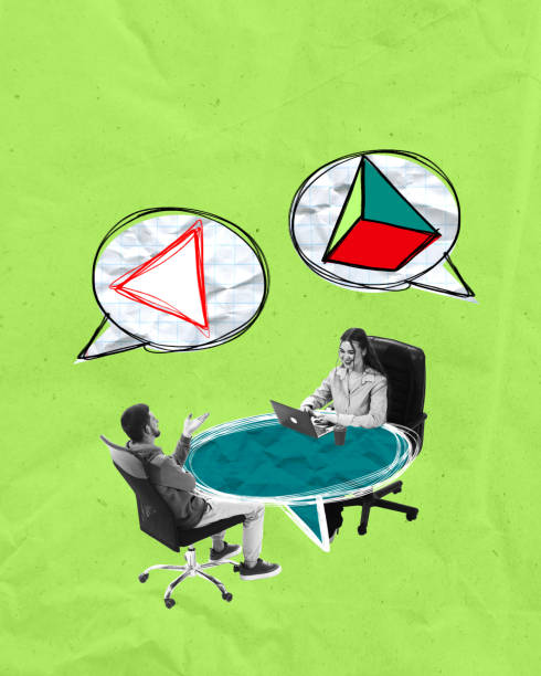 istock Two colleagues sitting at table, surrounded by geometric shapes symbolizing complex business problems, collaborating to find solutions. Contemporary art collage. 2172889836