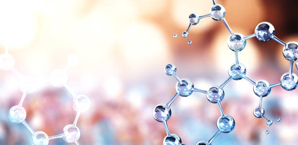 istock Horizontal banner with model of abstract molecular structure. Background of blue color with glass atom model. Copy space for your text. 3d render 2172926179