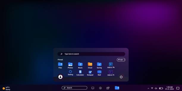 desktop mit office-programm in violetter farbe mit startmenü-panel und einstellungen der benutzeroberfläche. - pc stock-grafiken, -clipart, -cartoons und -symbole