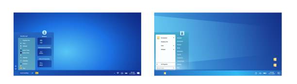 desktop modern berwarna biru dengan menu mulai dan opsi akun. - sistem operasi perangkat lunak ilustrasi stok