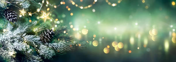 istock Christmas Lights Glowing In Fir Tree With Green Abstract Background 2172934903