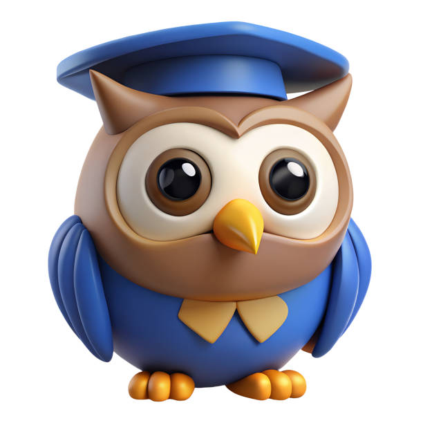 Owl wearing a blue academic cap, realistic animal with big eyes, beak and wings with paws. Character detailed 3D rendering icon illustration on isolated