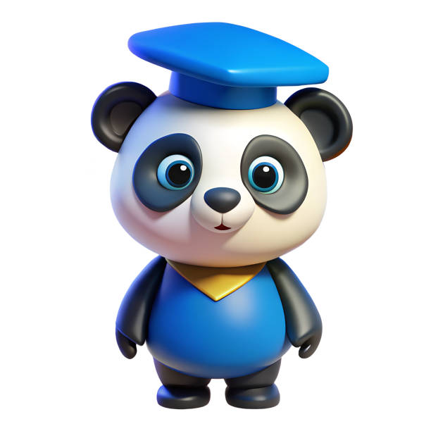 Panda wearing a blue academic cap, realistic animal with big eyes and paws. Character detailed 3D rendering icon illustration on a white isolated background