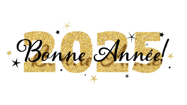 illustrations, cliparts, dessins animés et icônes de bonne annee 2025 bannière de typographie vectorielle noir et or - langue française