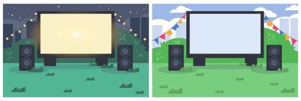 istock Open air cinema on green lawn in city park, backyard flat vector illustrations set, empty outdoor movie at night and day 2172945485