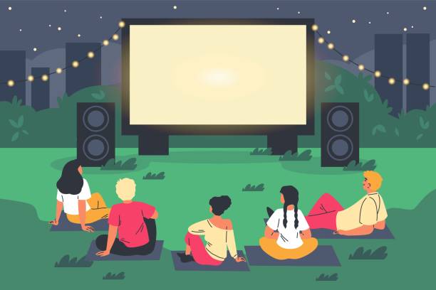 istock People resting at lawn on the plaids and watching movie on big screen flat vector illustration, outdoor cinema at night 2172945487