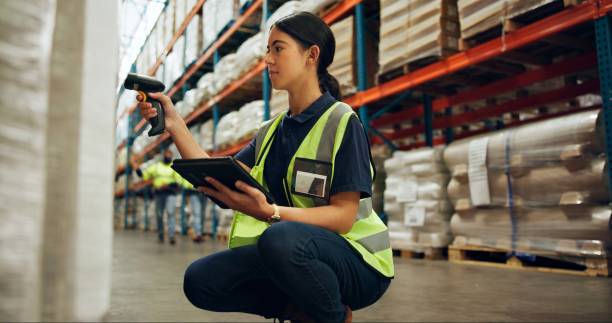 istock Tablet, woman and scanner at warehouse for inventory, check stock or smart storage system at shelf. Technology, engineer and barcode reader for cargo inspection, logistics app or shipping at factory 2172947892