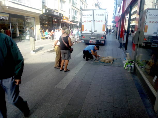 Blankenberge, West-Flanders, Belgium - September 7, 2024: man and woman look at the photo on her cell phone that she has just taken of a sand artist sculpting the shape of a dog on the paving stones