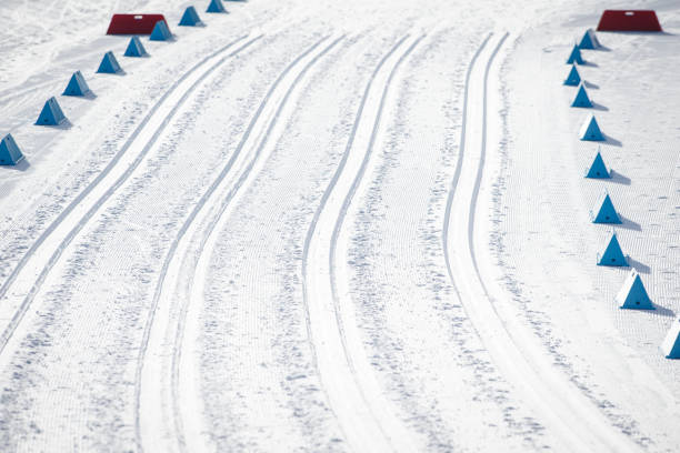 Cross-country ski tracks set for the classic or traditional technique at a race.