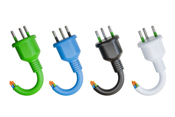 White, green, blue, black electrical plugs with copper, 3D rendered, isolated from clipping path background.