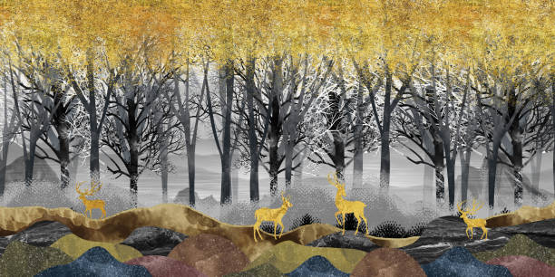 istock forest background. golden deer, christmas tree , mountains. for use as a frame poster canvas on walls. 3d modern art mural wallpaper gray Jungle, 2172988571