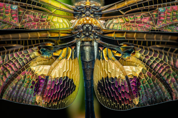 Dragonfly showing iridescent wings with detailed pattern.