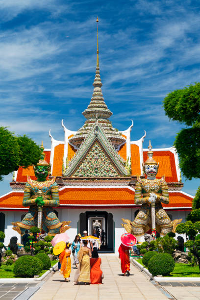 Bangkok, Thailand - July 6, 2023: Tourists in Wat Arun in Bangkok, Thailand.