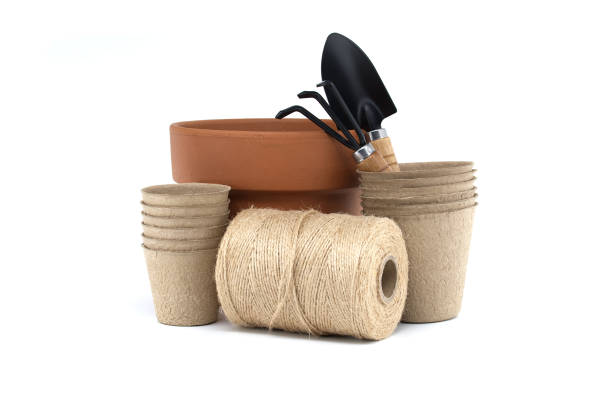 istock Gardening tools with terracotta pot, biodegradable pots, and spool of twine on a white background 2173032042