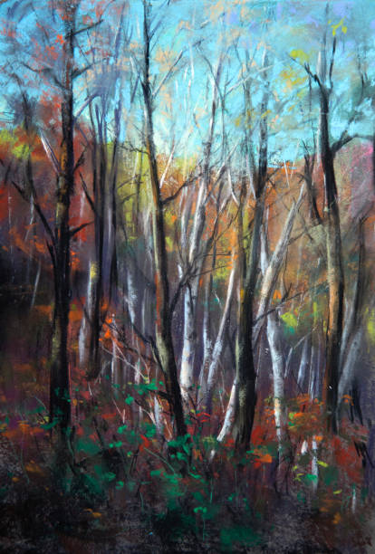 istock Pastel landscape painting with sunlight shining through autumn woods. 2173034303
