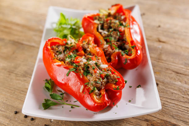 oven-baked bell peppers stuffed with minced beef and herbs