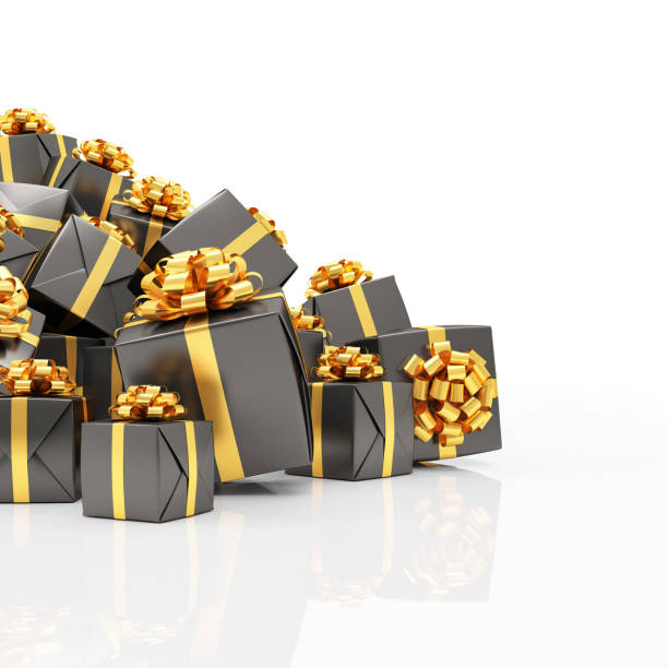istock 3d render - black christmas gift boxes with golden ribbons 2173049417