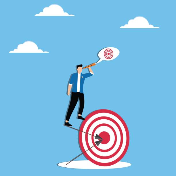 istock Searching for new target, ambition to meet next challenge, business vision for future mission concept, Businessman standing on archery target that was hit at bulleyes looking for new target 2173051327