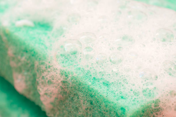 White soap suds on a green sponge. Cleanliness and disinfection of dishes.