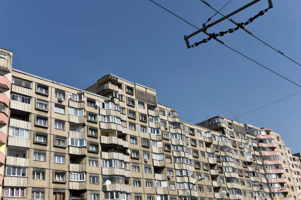 istock Typical facade of concrete panel building. Post Soviet flat of blocks 2173058353